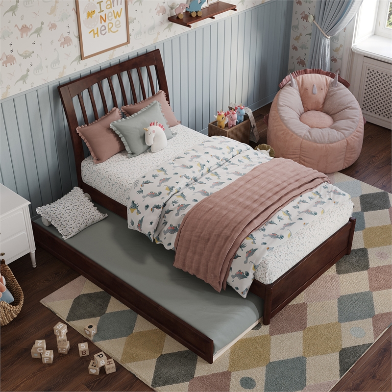 Roslyn Twin Wood Platform Bed with Panel Footboard and Twin Trundle in Walnut