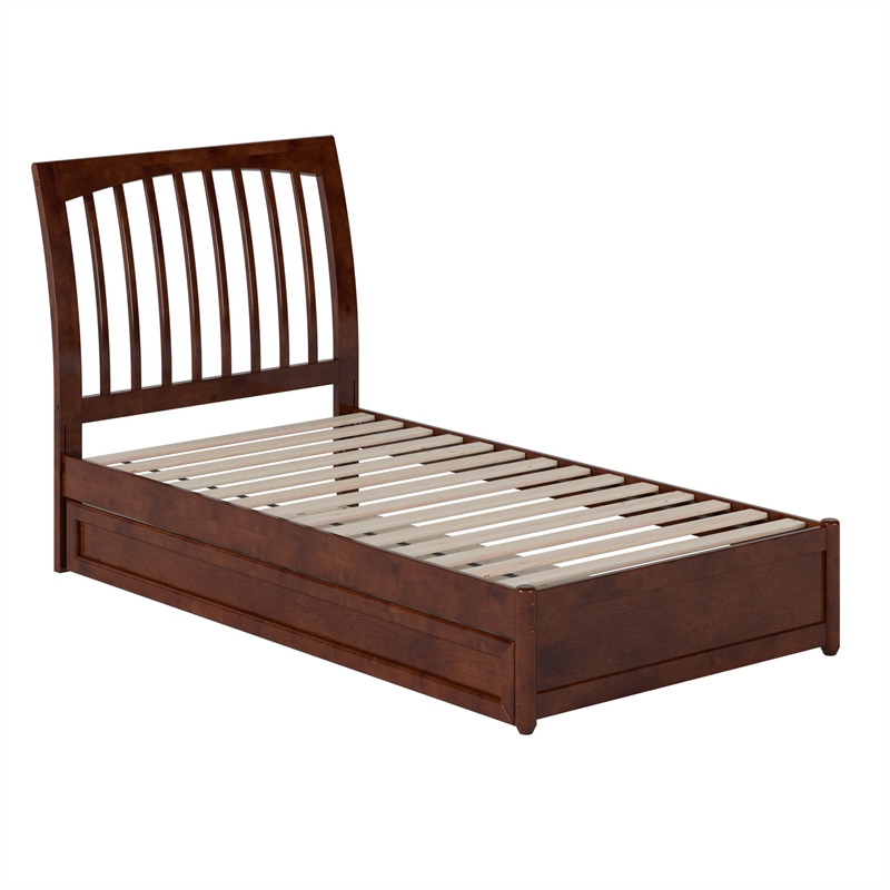 Roslyn Twin Wood Platform Bed with Panel Footboard and Twin Trundle in Walnut