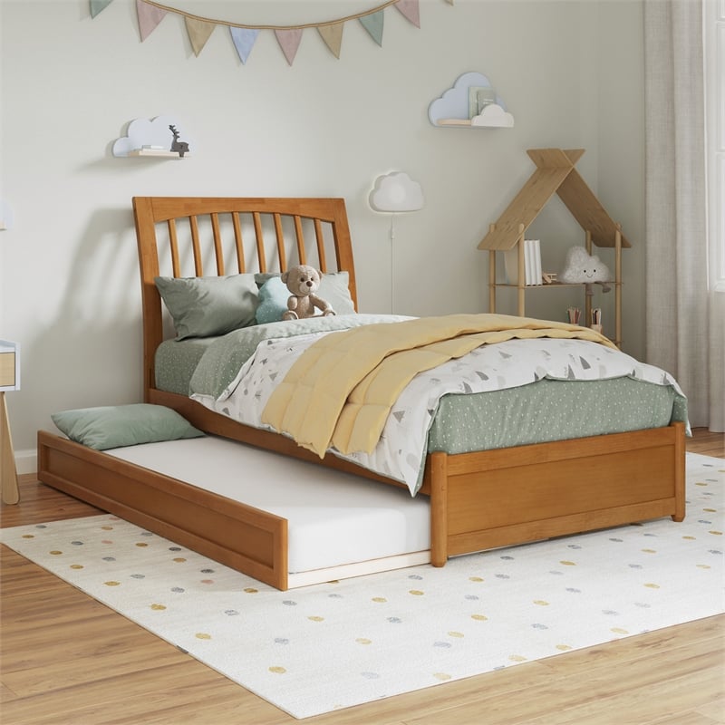 Roslyn Twin Platform Bed with Panel Footboard & Twin Trundle in Light Toffee