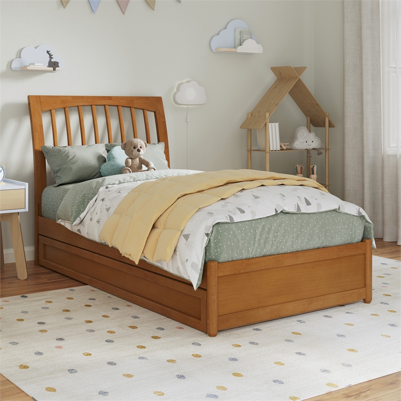 Roslyn Twin Platform Bed with Panel Footboard & Twin Trundle in Light Toffee