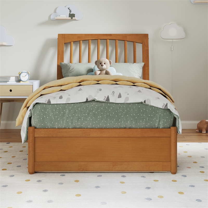 Roslyn Twin Platform Bed with Panel Footboard & Twin Trundle in Light Toffee