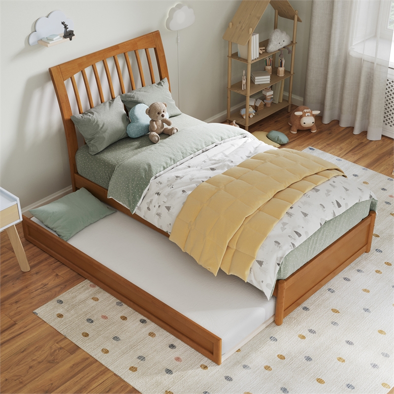 Roslyn Twin Platform Bed with Panel Footboard & Twin Trundle in Light Toffee