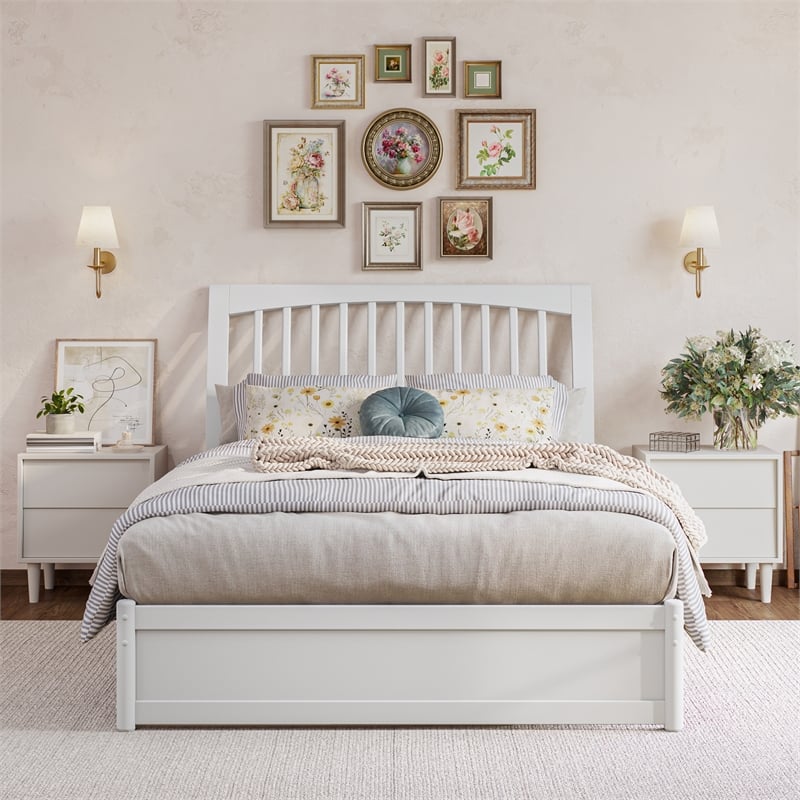 Roslyn Full Wood Platform Bed with Panel Footboard and Twin Trundle in White