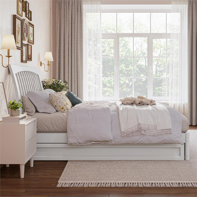 Roslyn Full Wood Platform Bed with Panel Footboard and Twin Trundle in White