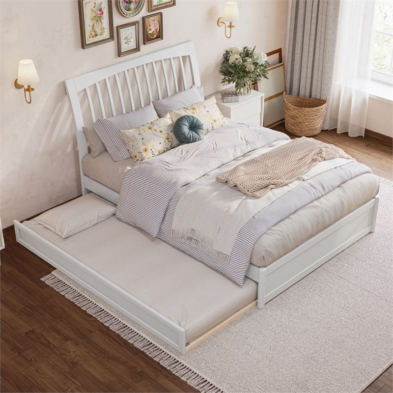 Roslyn Full Wood Platform Bed with Panel Footboard and Twin Trundle in White