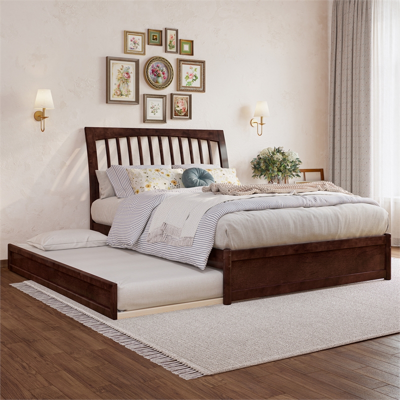 Roslyn Full Wood Platform Bed with Panel Footboard and Twin Trundle in Walnut