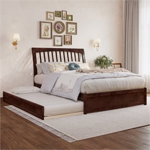 Roslyn Full Wood Platform Bed with Panel Footboard and Twin Trundle in Walnut