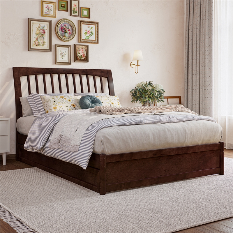 Roslyn Full Wood Platform Bed with Panel Footboard and Twin Trundle in Walnut