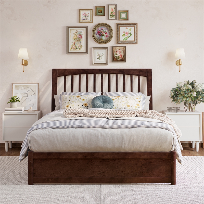 Roslyn Full Wood Platform Bed with Panel Footboard and Twin Trundle in Walnut