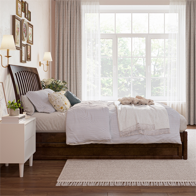 Roslyn Full Wood Platform Bed with Panel Footboard and Twin Trundle in Walnut