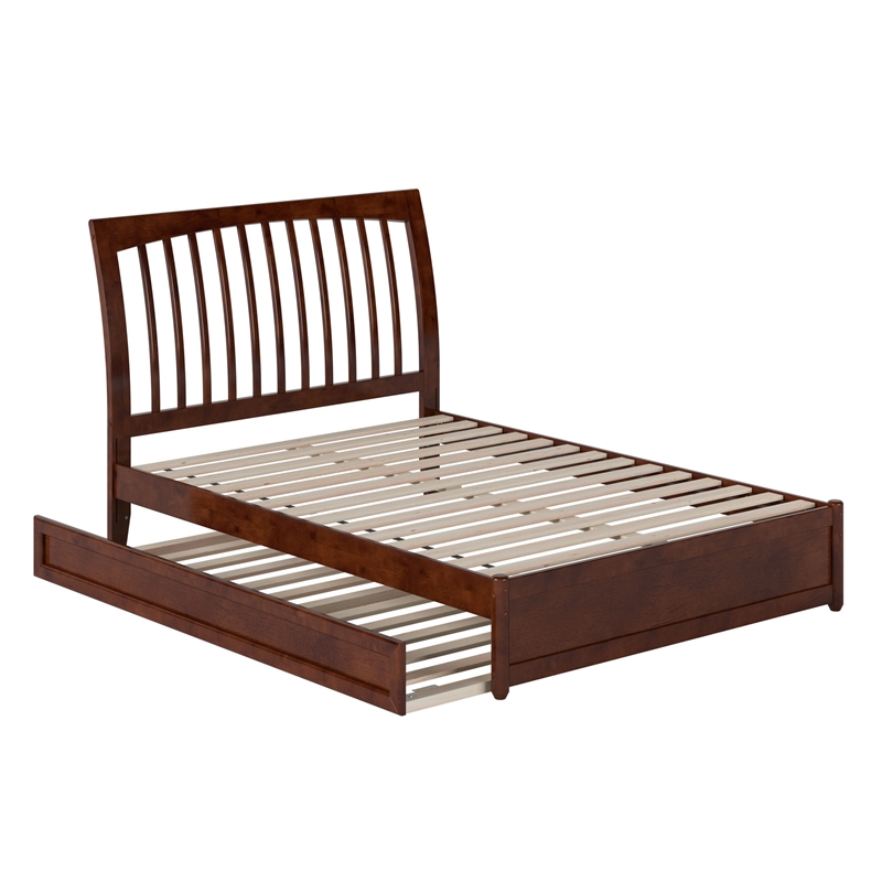 Roslyn Full Wood Platform Bed with Panel Footboard and Twin Trundle in Walnut