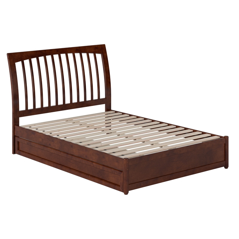 Roslyn Full Wood Platform Bed with Panel Footboard and Twin Trundle in Walnut