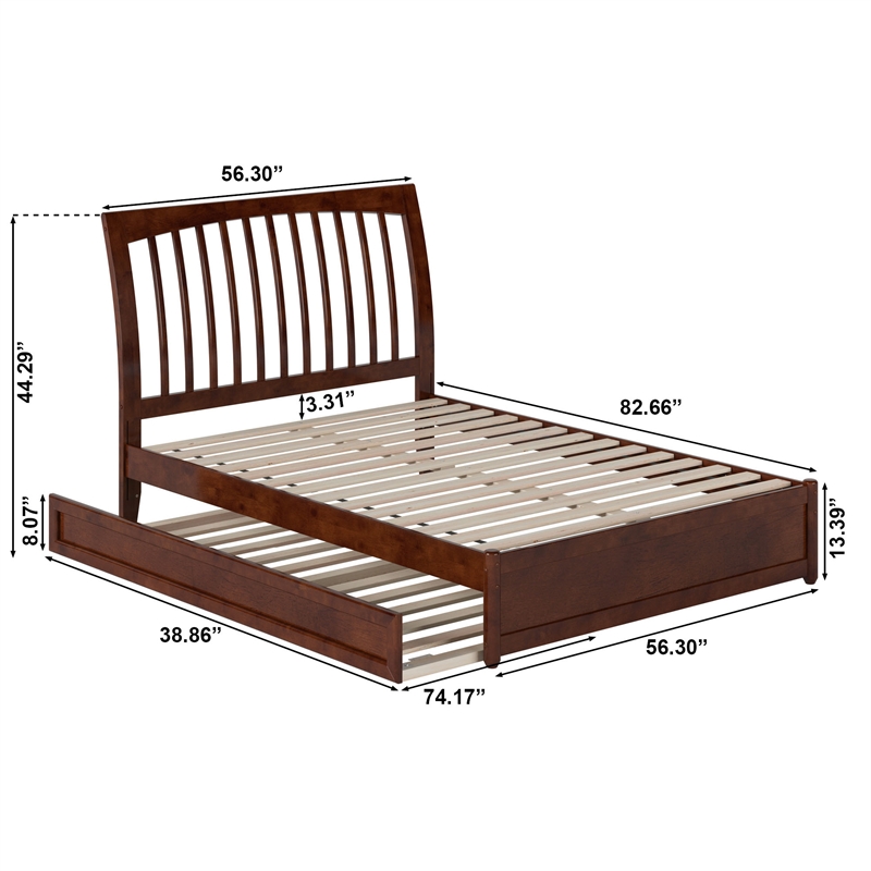 Roslyn Full Wood Platform Bed with Panel Footboard and Twin Trundle in Walnut