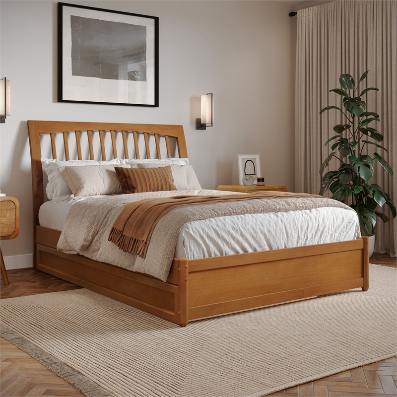 Roslyn Full Platform Bed with Panel Footboard & Twin Trundle in Light Toffee