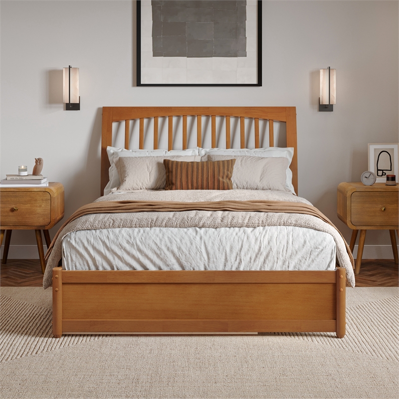 Roslyn Full Platform Bed with Panel Footboard & Twin Trundle in Light Toffee
