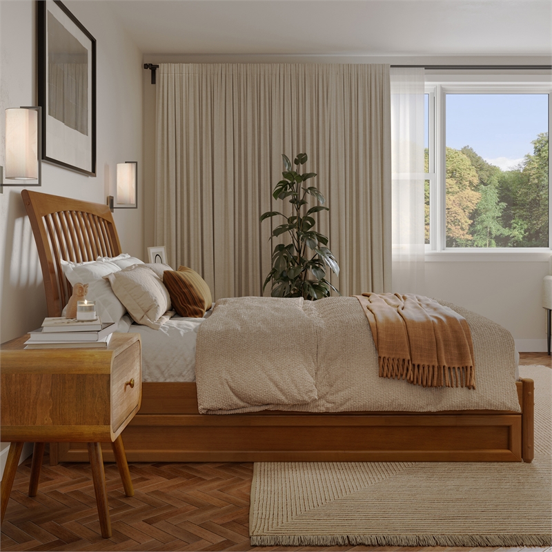 Roslyn Full Platform Bed with Panel Footboard & Twin Trundle in Light Toffee