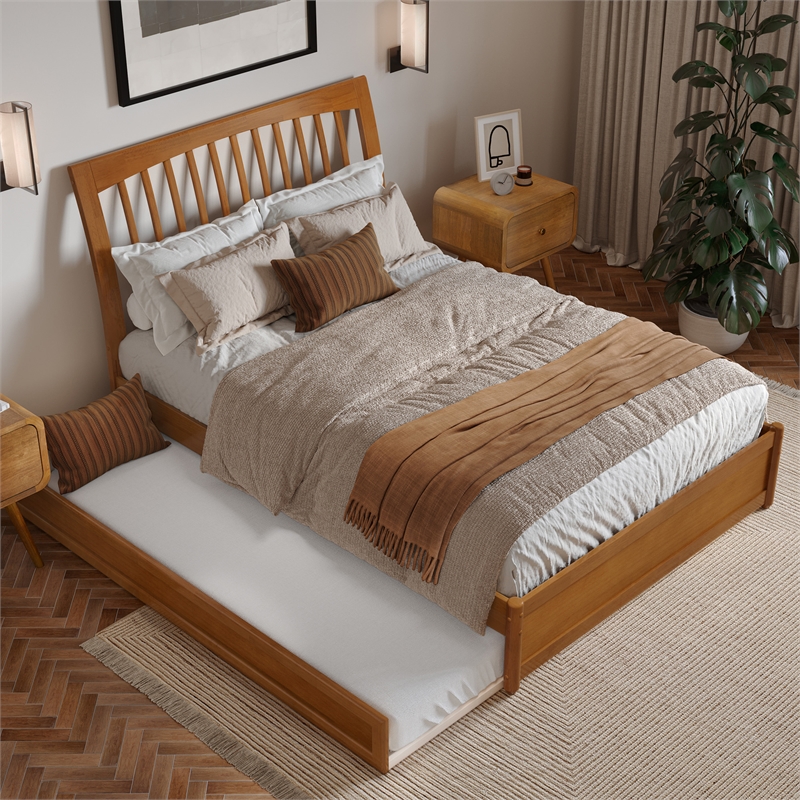 Roslyn Full Platform Bed with Panel Footboard & Twin Trundle in Light Toffee
