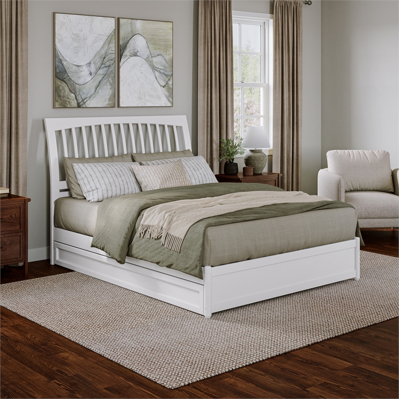 Roslyn Queen Wood Platform Bed with Panel Footboard and Twin XL Trundle in White