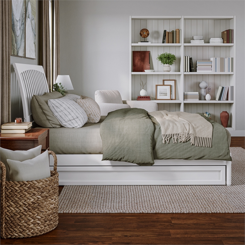 Roslyn Queen Wood Platform Bed with Panel Footboard and Twin XL Trundle in White