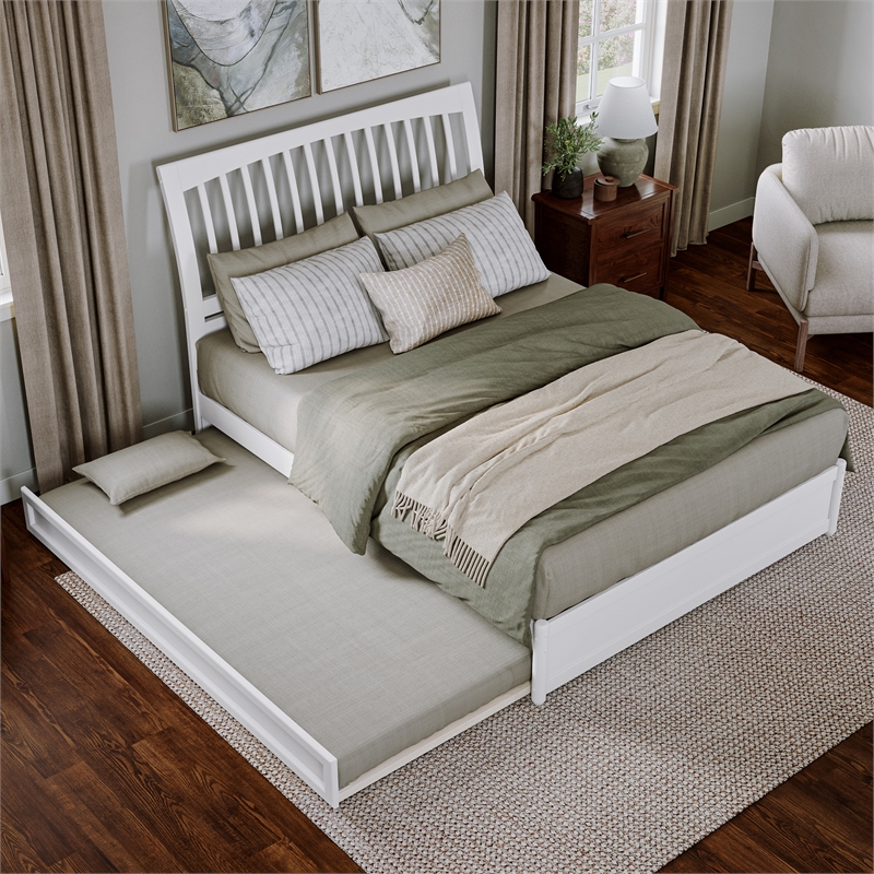 Roslyn Queen Wood Platform Bed with Panel Footboard and Twin XL Trundle in White