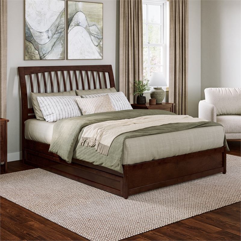 Roslyn Queen Wood Platform Bed with Panel Footboard & Twin XL Trundle in Walnut