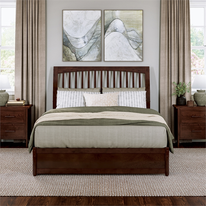 Roslyn Queen Wood Platform Bed with Panel Footboard & Twin XL Trundle in Walnut