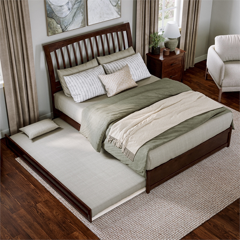 Roslyn Queen Wood Platform Bed with Panel Footboard & Twin XL Trundle in Walnut