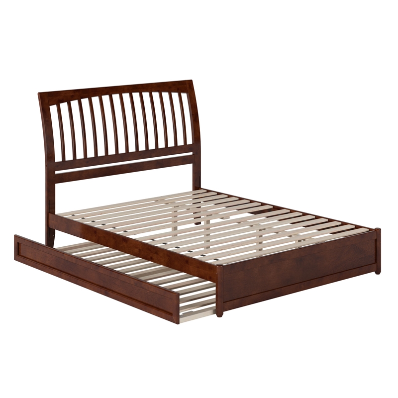 Roslyn Queen Wood Platform Bed with Panel Footboard & Twin XL Trundle in Walnut