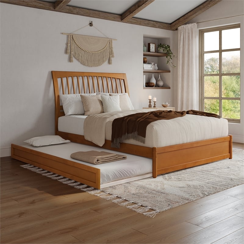 Roslyn Queen Platform Bed with Panel Footboard & TXL Trundle in Light Toffee