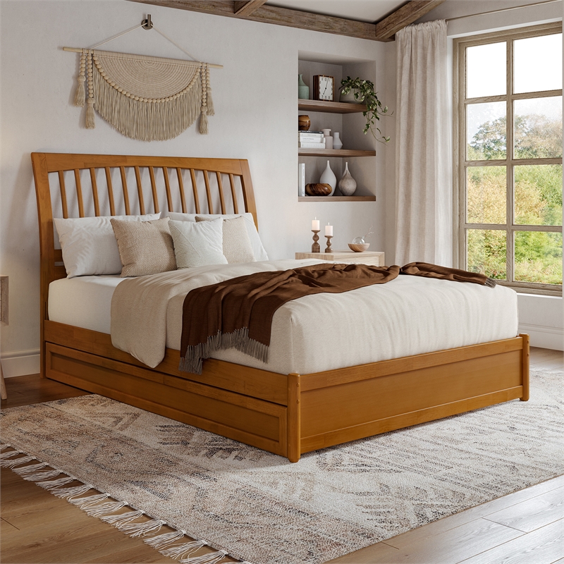 Roslyn Queen Platform Bed with Panel Footboard & TXL Trundle in Light Toffee