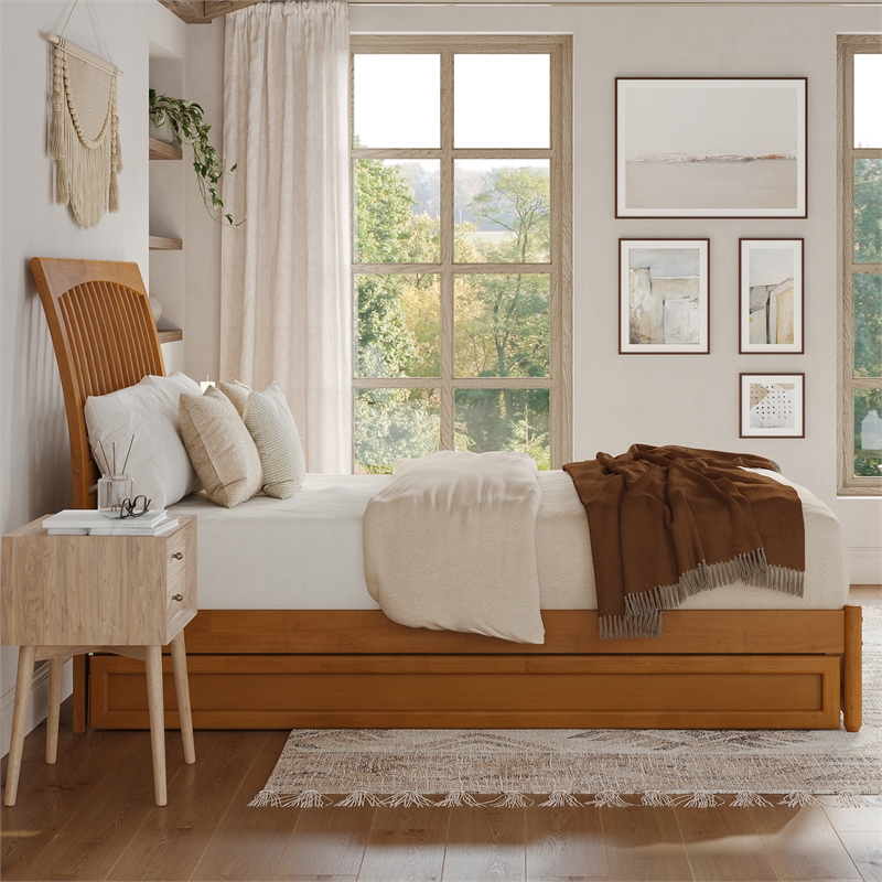 Roslyn Queen Platform Bed with Panel Footboard & TXL Trundle in Light Toffee