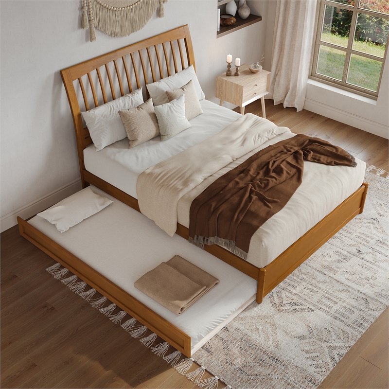 Roslyn Queen Platform Bed with Panel Footboard & TXL Trundle in Light Toffee