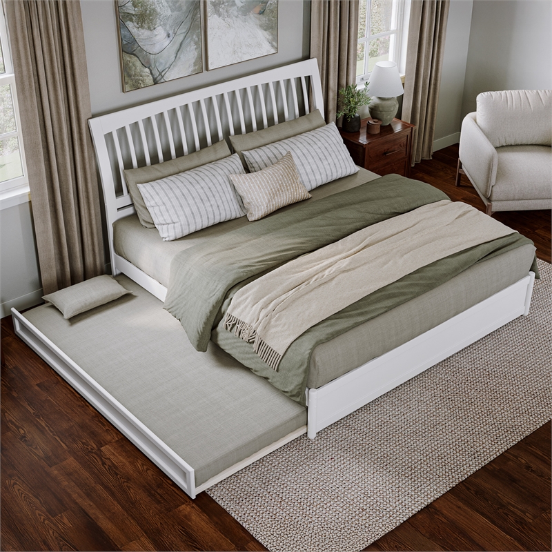 Roslyn King Wood Platform Bed with Panel Footboard and Twin XL Trundle in White