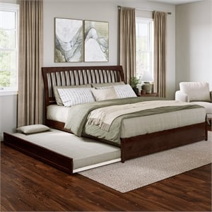 Roslyn King Wood Platform Bed with Panel Footboard and Twin XL Trundle in Walnut