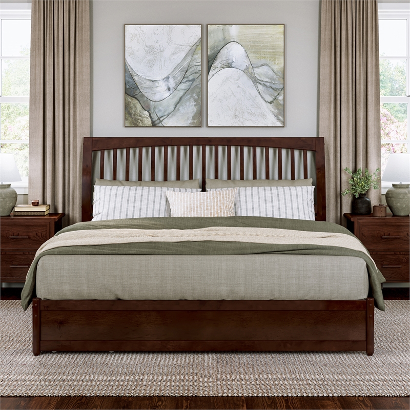 Roslyn King Wood Platform Bed with Panel Footboard and Twin XL Trundle in Walnut