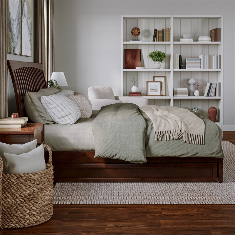 Roslyn King Wood Platform Bed with Panel Footboard and Twin XL Trundle in Walnut