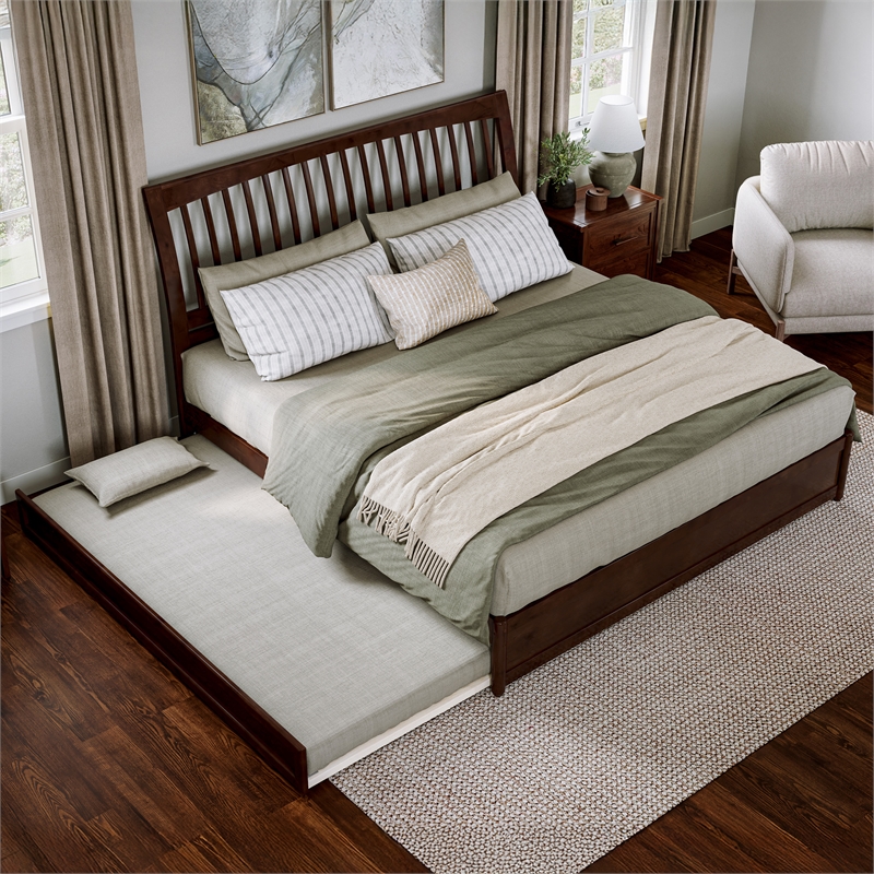 Roslyn King Wood Platform Bed with Panel Footboard and Twin XL Trundle in Walnut