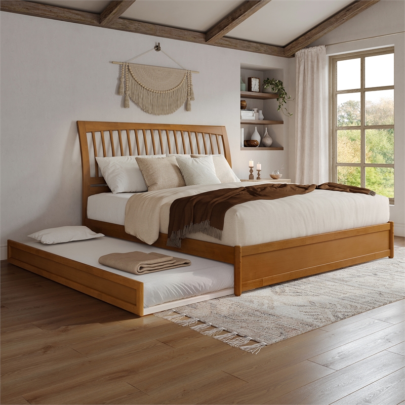 Roslyn King Wood Platform Bed with Panel Footboard & TXL Trundle in Light Toffee