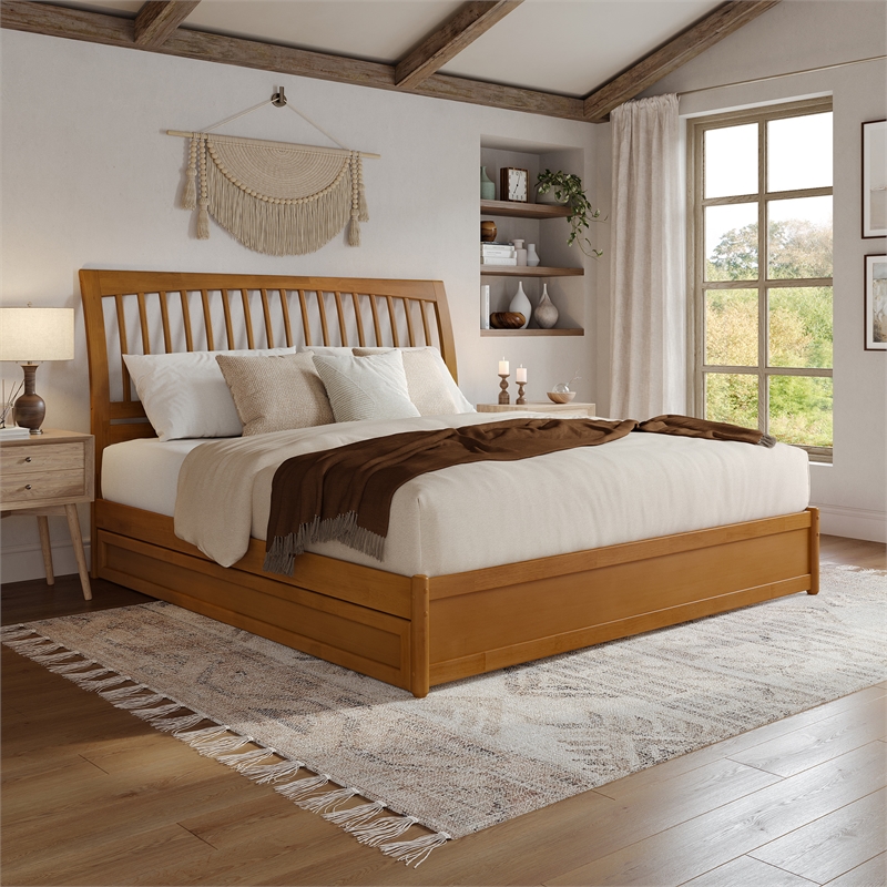 Roslyn King Wood Platform Bed with Panel Footboard & TXL Trundle in Light Toffee