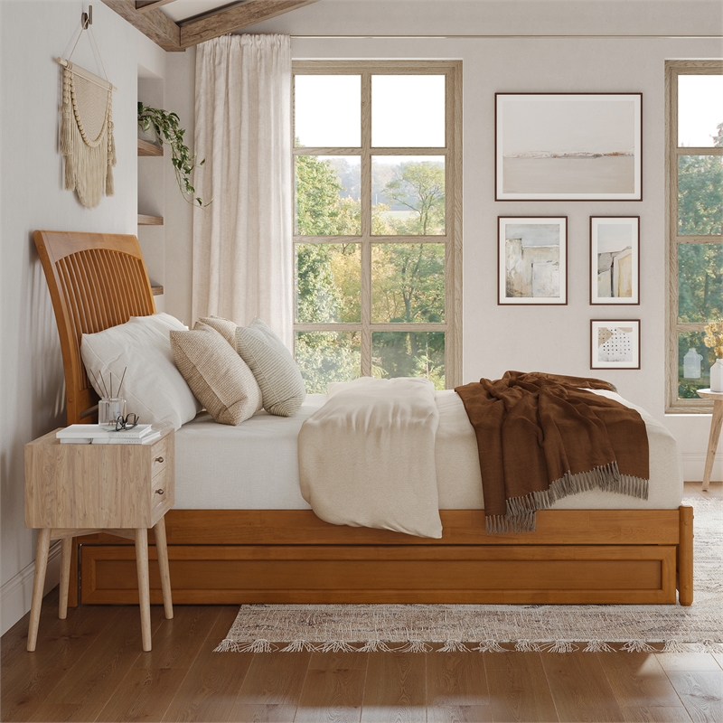 Roslyn King Wood Platform Bed with Panel Footboard & TXL Trundle in Light Toffee