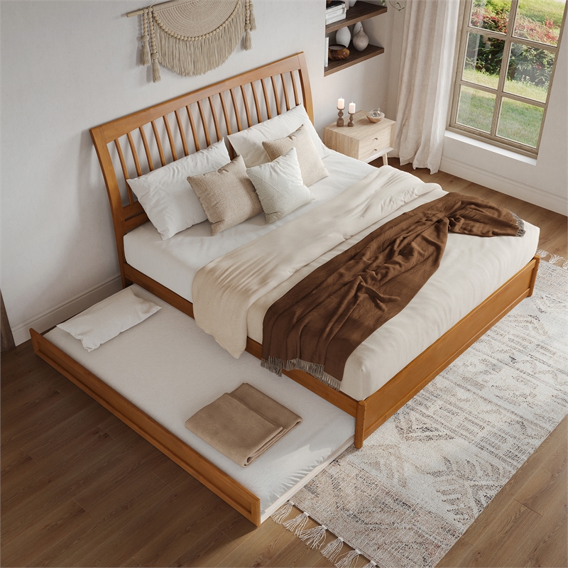 Roslyn King Wood Platform Bed with Panel Footboard & TXL Trundle in Light Toffee