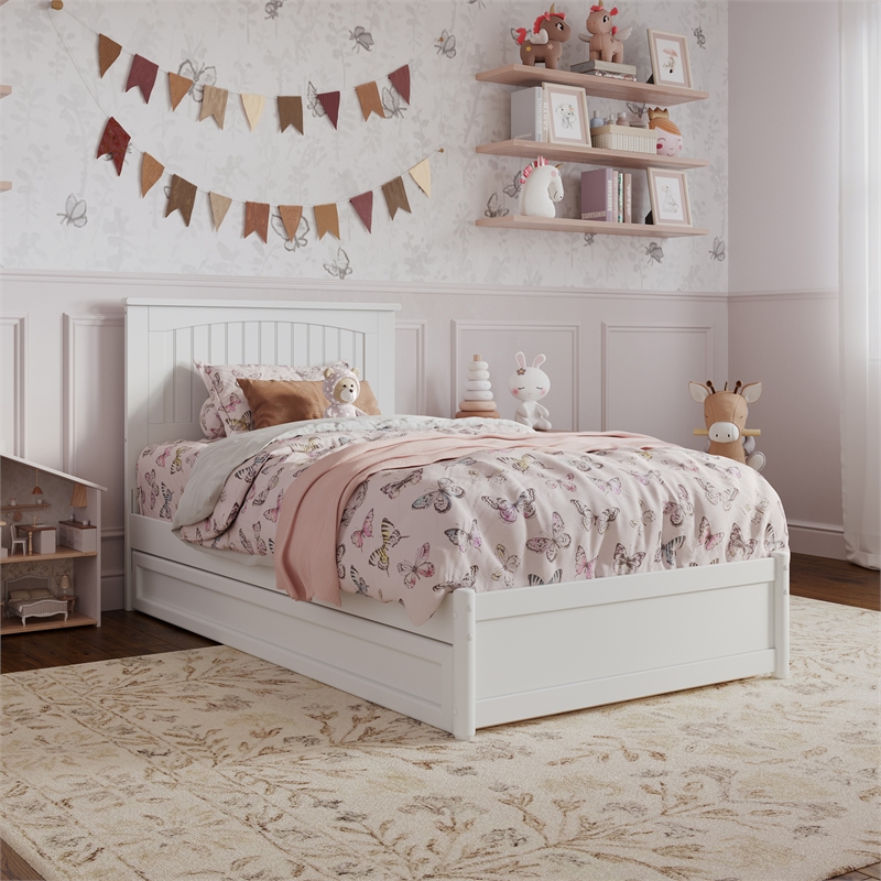 Malta Twin Wood Platform Bed with Panel Footboard and Twin Trundle in White