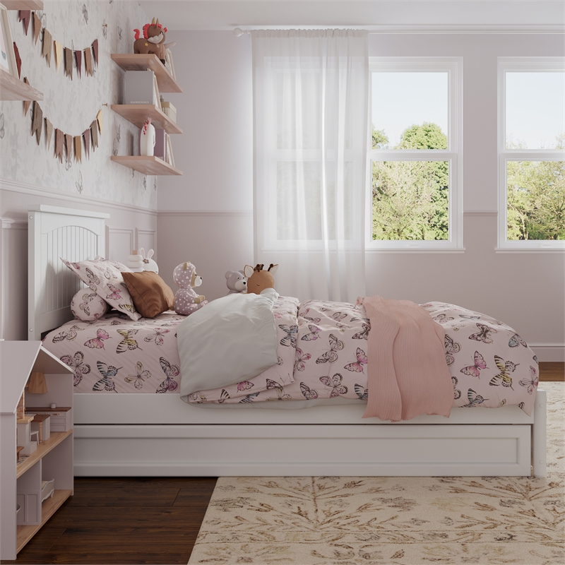 Malta Twin Wood Platform Bed with Panel Footboard and Twin Trundle in White