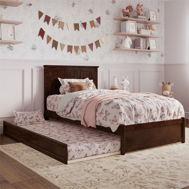 Malta Twin Wood Platform Bed with Panel Footboard and Twin Trundle in Walnut