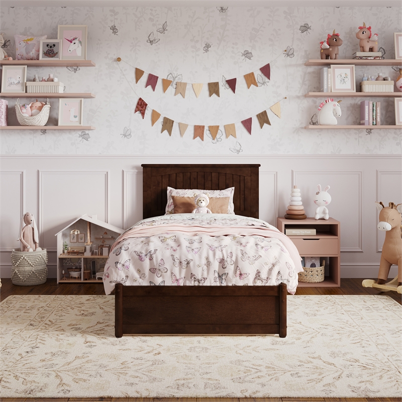 Malta Twin Wood Platform Bed with Panel Footboard and Twin Trundle in Walnut