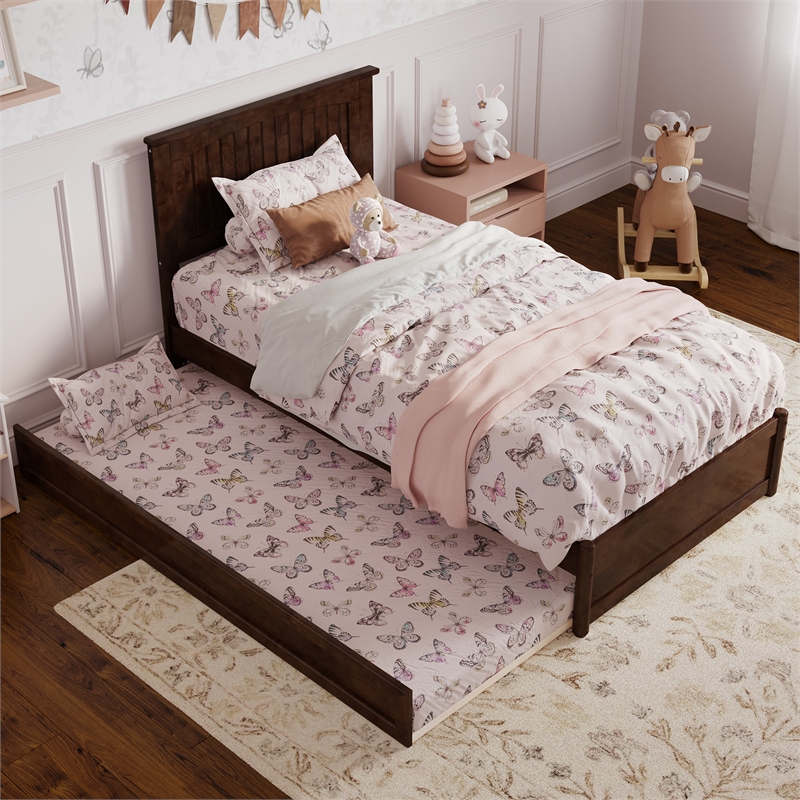 Malta Twin Wood Platform Bed with Panel Footboard and Twin Trundle in Walnut