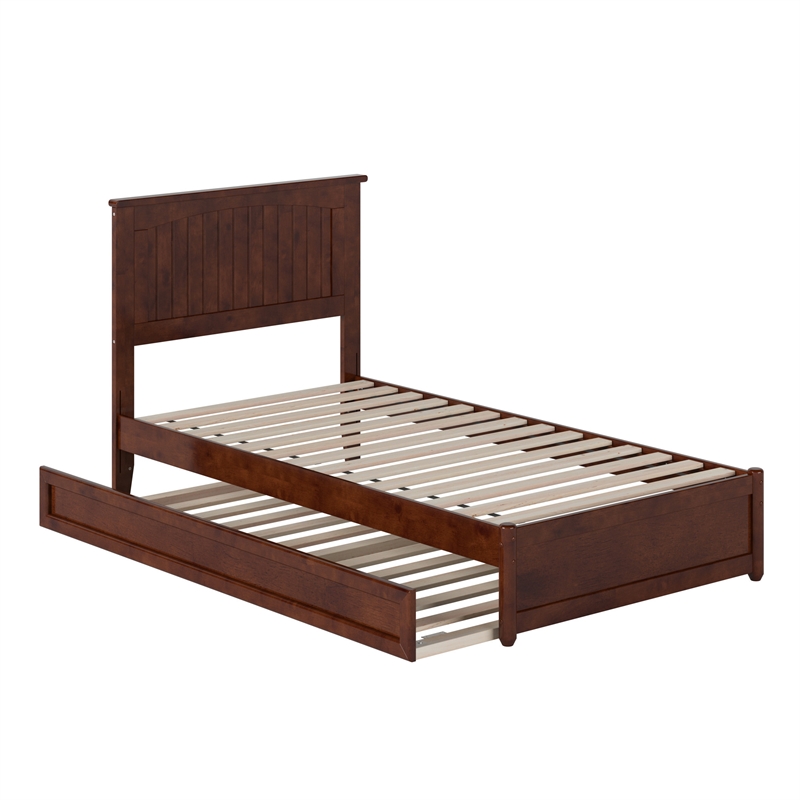 Malta Twin Wood Platform Bed with Panel Footboard and Twin Trundle in Walnut