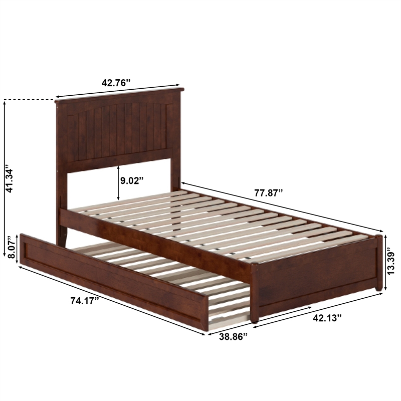 Malta Twin Wood Platform Bed with Panel Footboard and Twin Trundle in Walnut