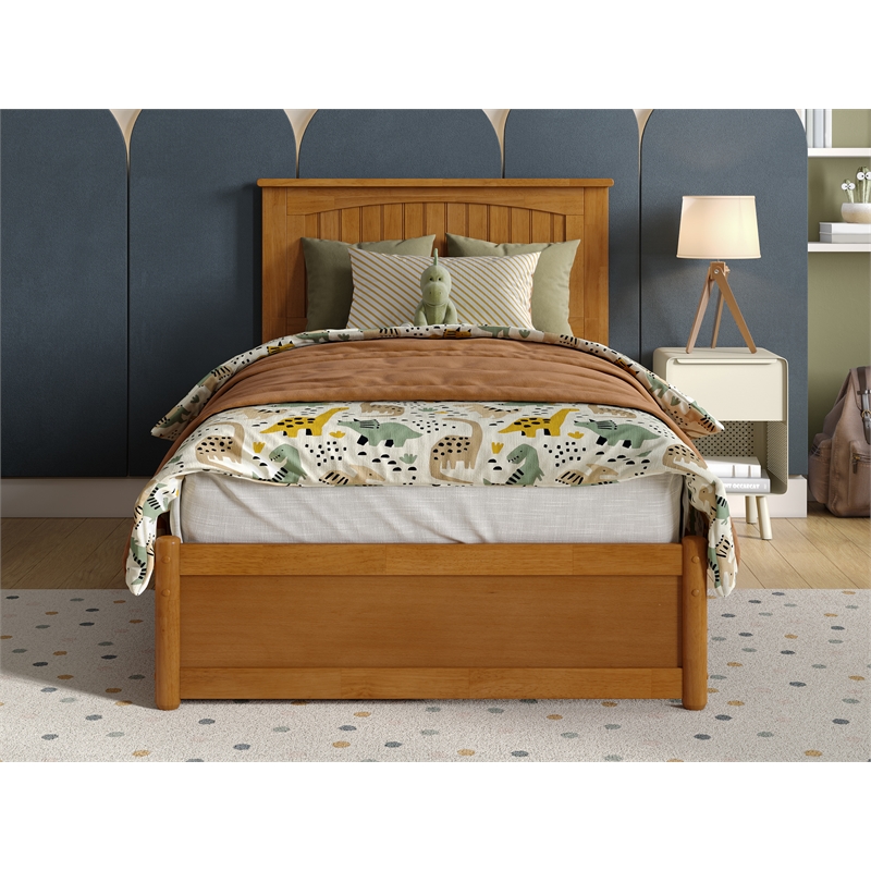 Malta Twin Wood Platform Bed with Panel Footboard & Twin Trundle in Light Toffee