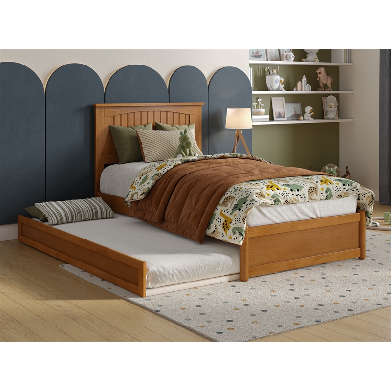 Malta Twin Wood Platform Bed with Panel Footboard & Twin Trundle in Light Toffee